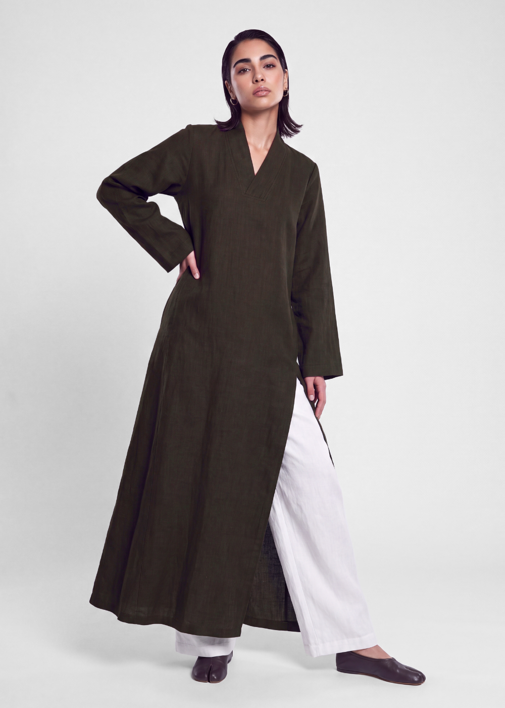 Side Slit Linen Dress -  Chocolate