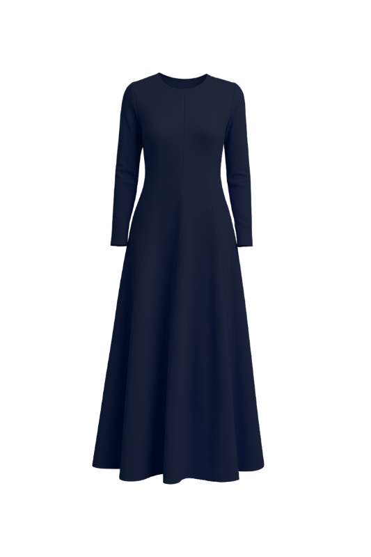 Flared Long Sleeve Maxi Dress - Navy