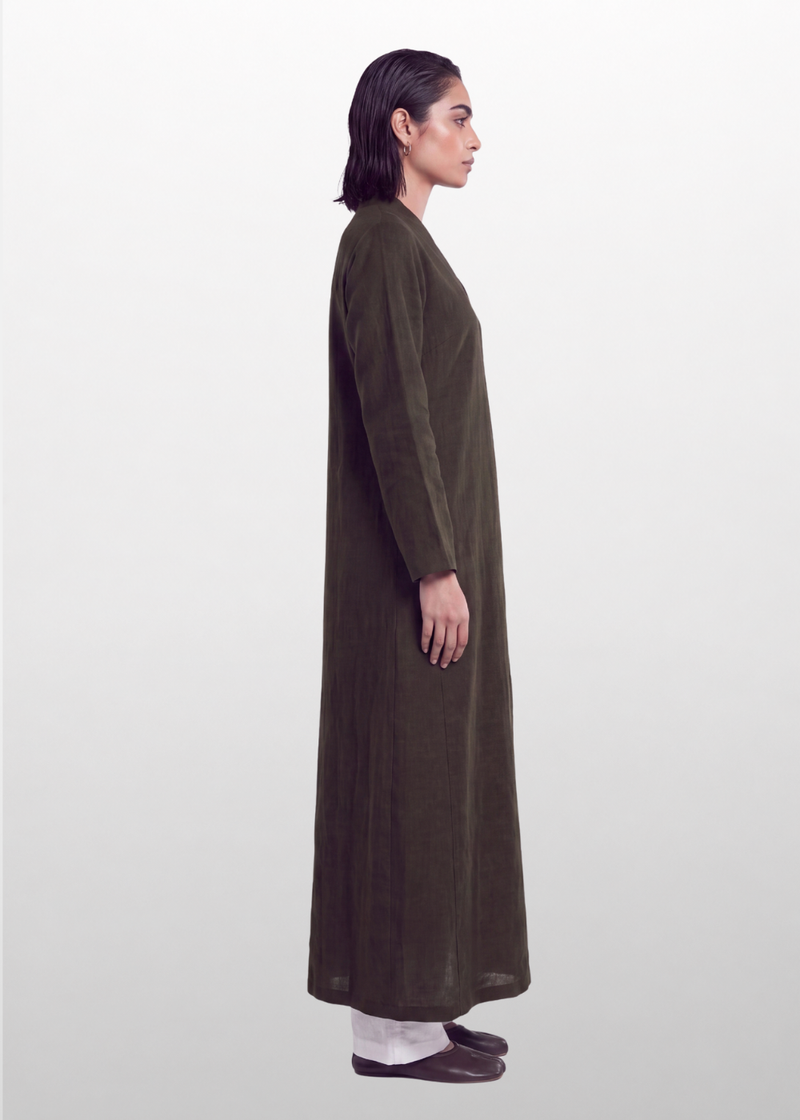 Side Slit Linen Dress -  Chocolate