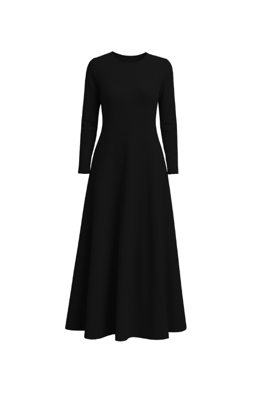 Flared Long Sleeve Maxi Dress - Black