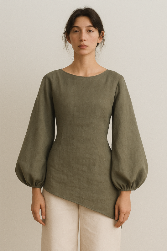 Linen Blend Balloon Sleeve Top - Khaki