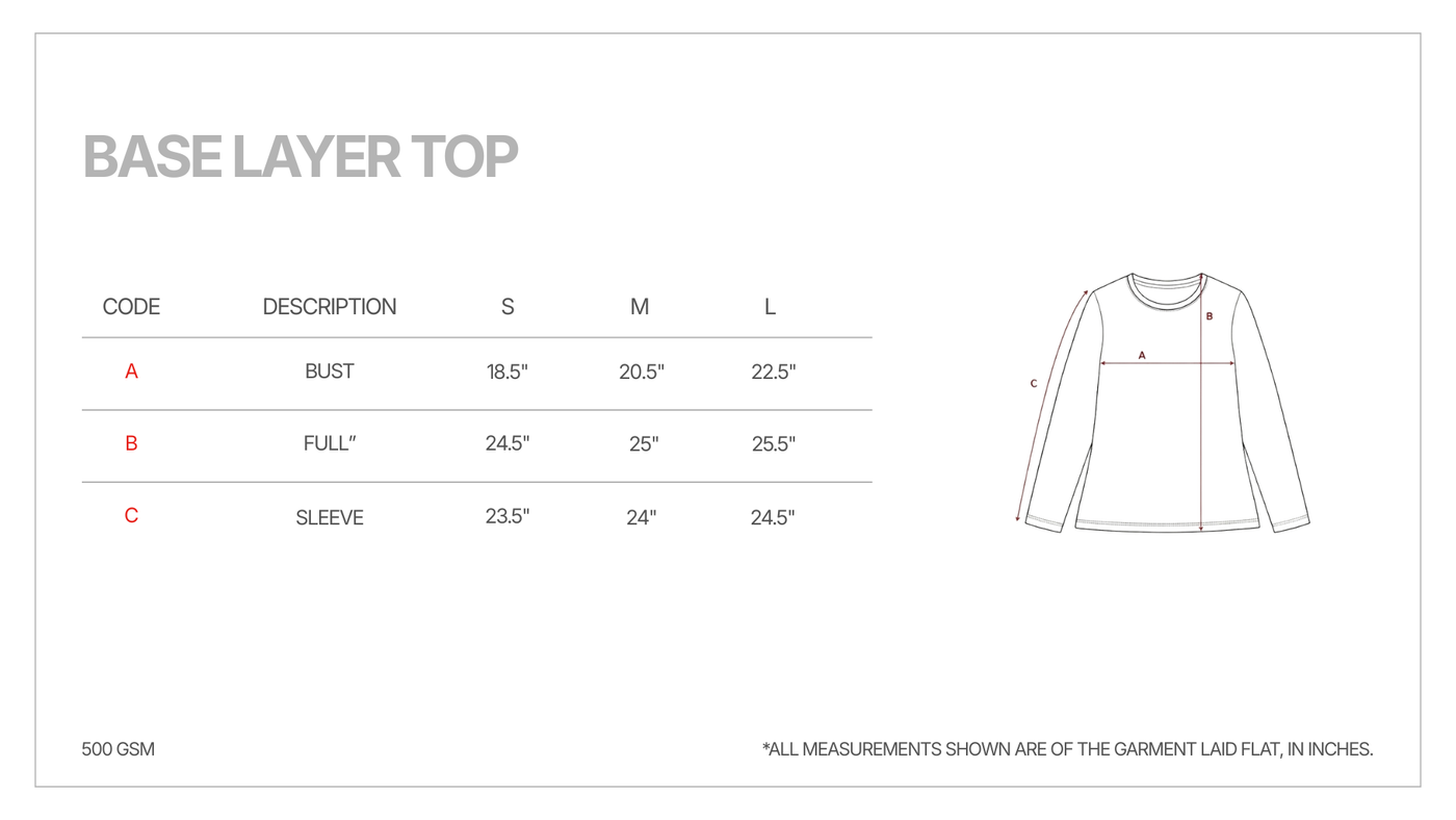 BASE LAYER TOP size guide