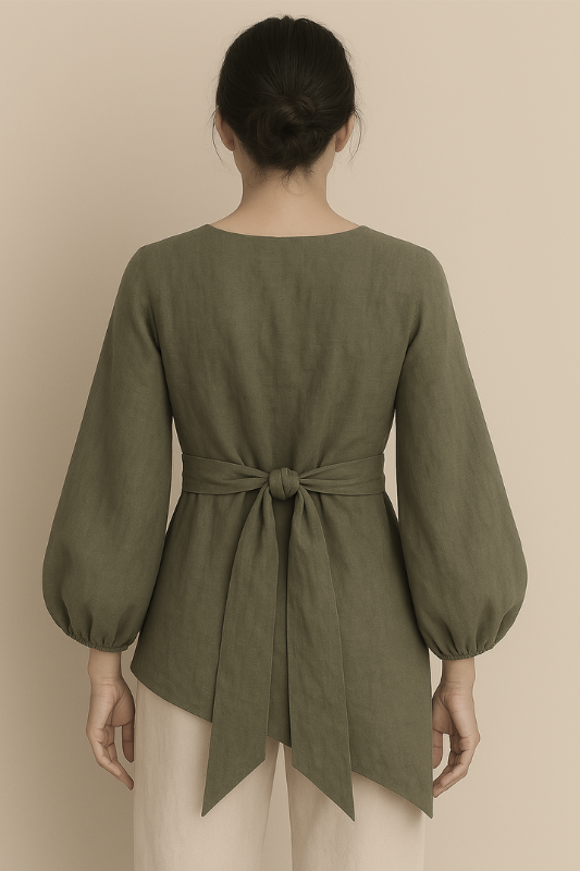 Linen Blend Balloon Sleeve Top - Khaki