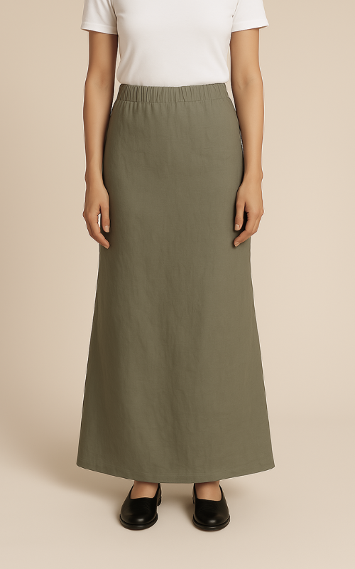 Linen Blend A-Line Maxi Skirt - Khaki