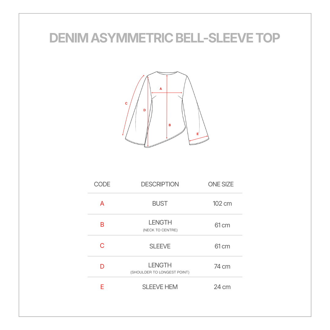 Denim Asymmetric Tie Bell-Sleeve Top size guide