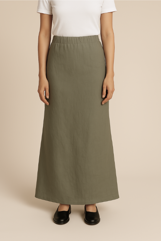 Linen Blend A-Line Maxi Skirt - Khaki