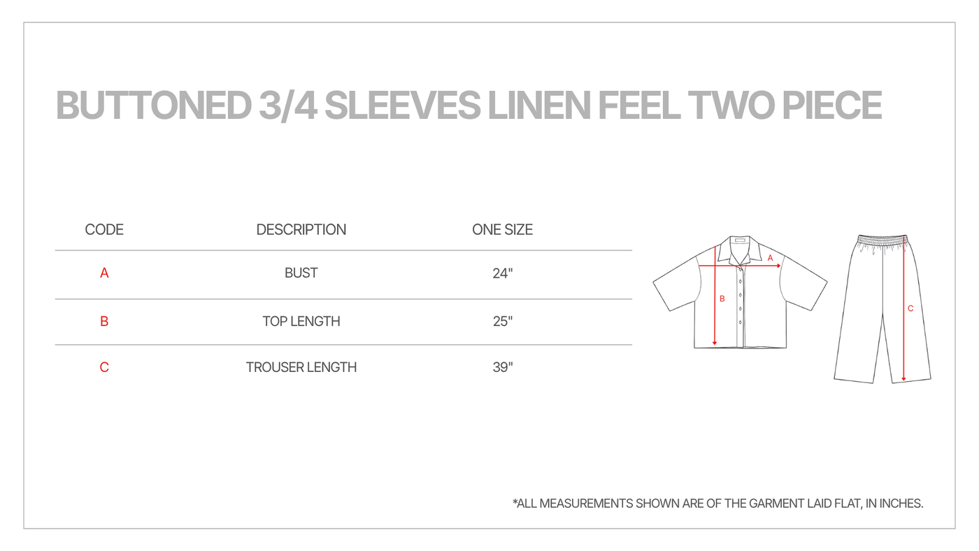 Buttoned 3/4 Sleeves Linen Feel Two Piece size guide