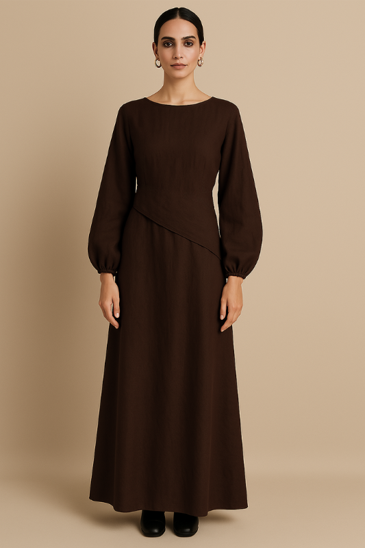 Linen Blend A-Line Maxi Skirt - Chocolate