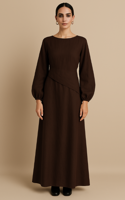 Linen Blend Balloon Sleeve Top - Chocolate