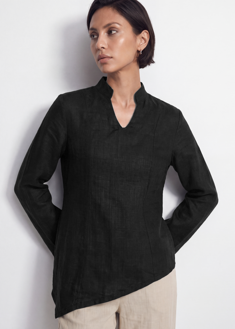 Asymmetric Linen Blouse - Black