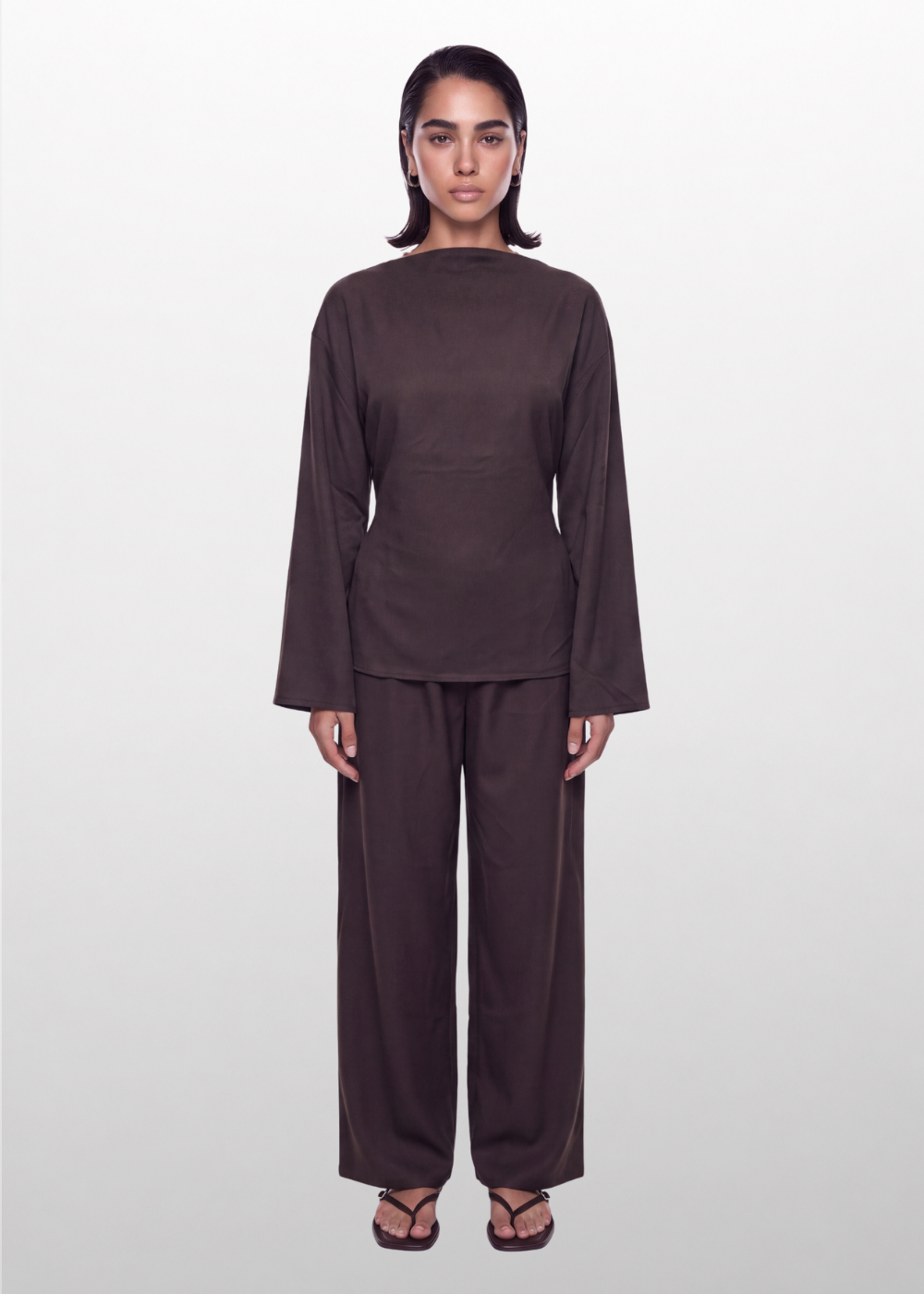 Boat Neck Belted Set Chocolate