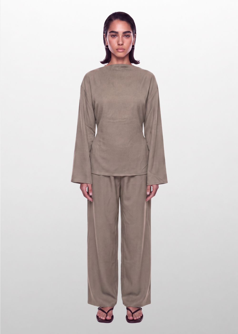 Boat Neck Belted Set Taupe