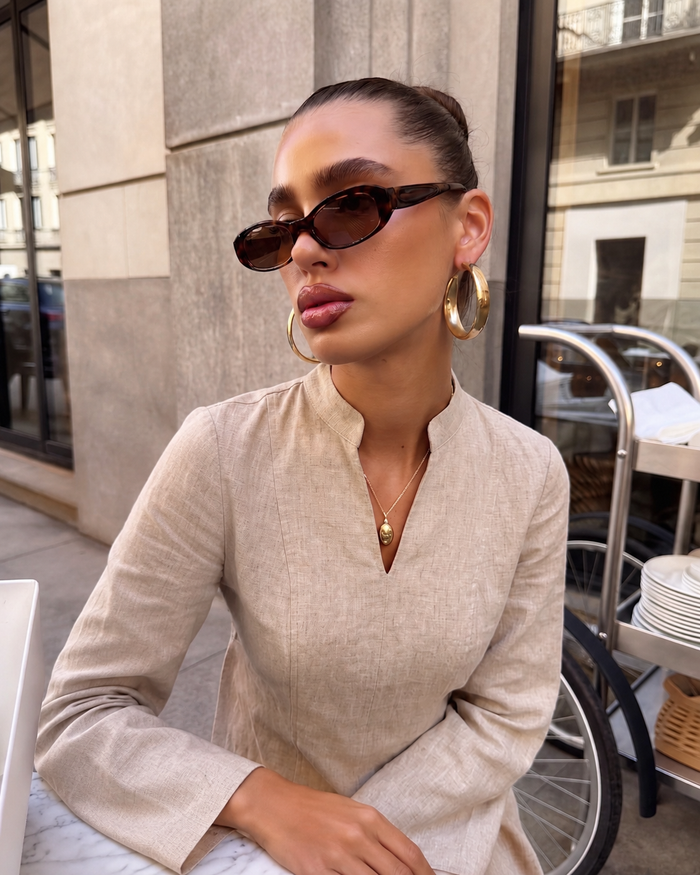 Linen Slit Dress - Beige worn — editorial