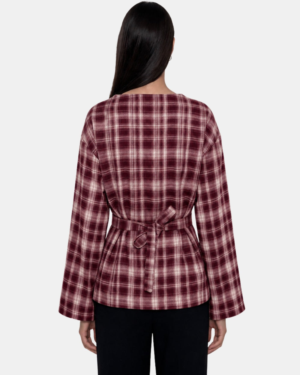 Check Print Belted Blouse Wine