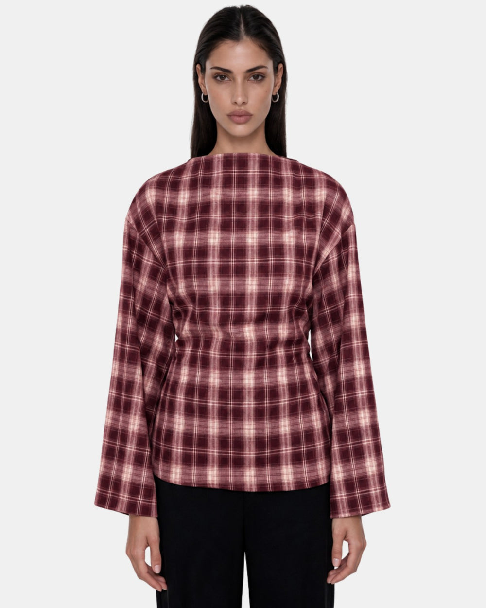 Check Print Belted Blouse Wine