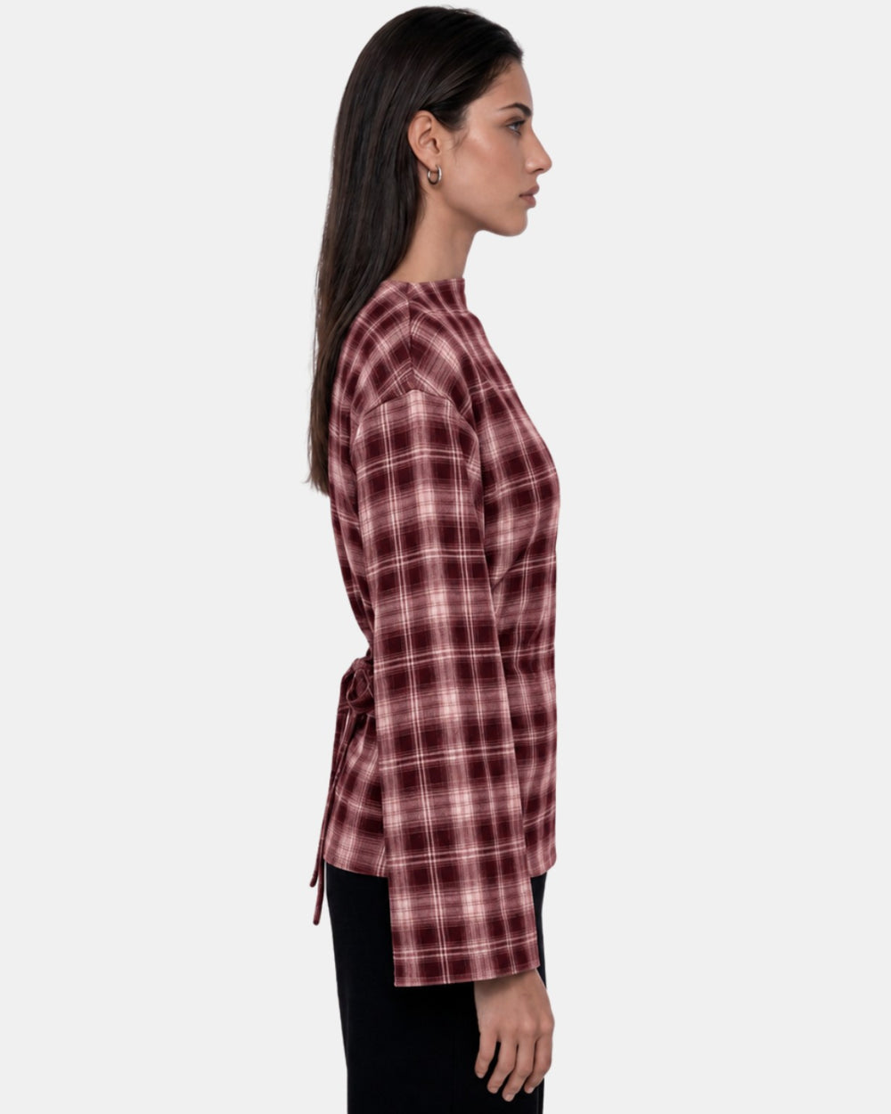 Check Print Belted Blouse Wine