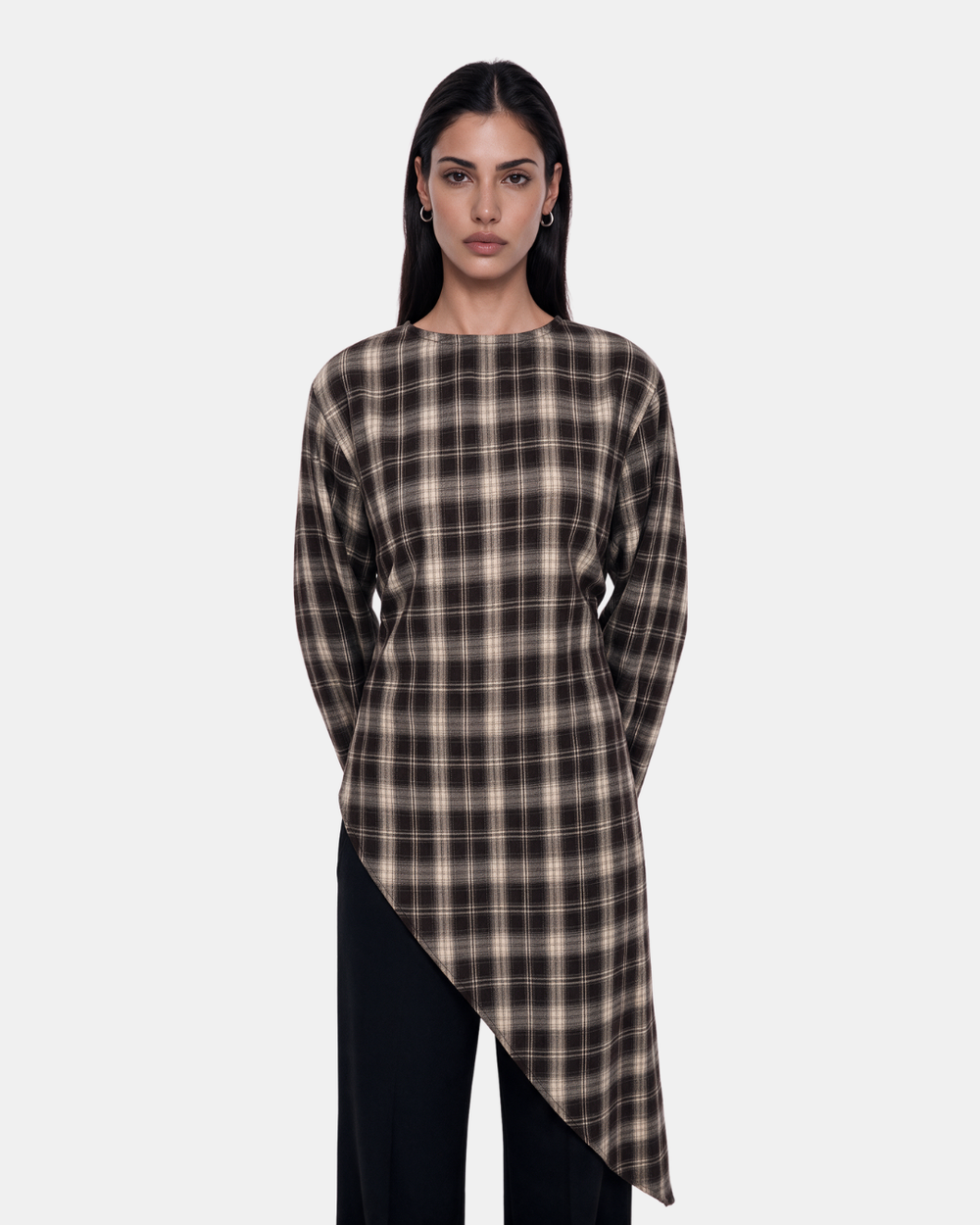 Check Print Asymmetric Longline Belted Top Chocolate