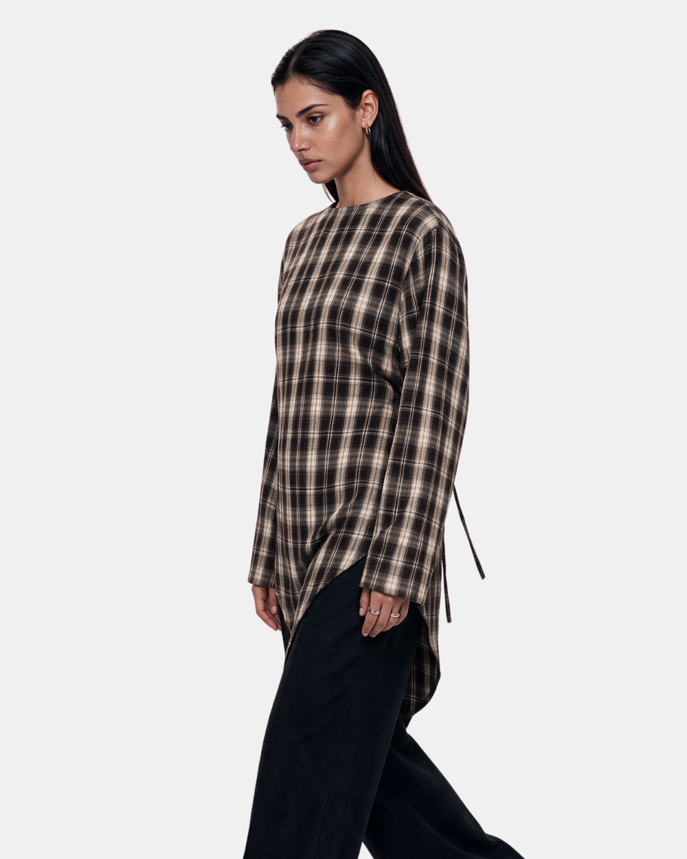 Check Print Asymmetric Longline Belted Top Chocolate