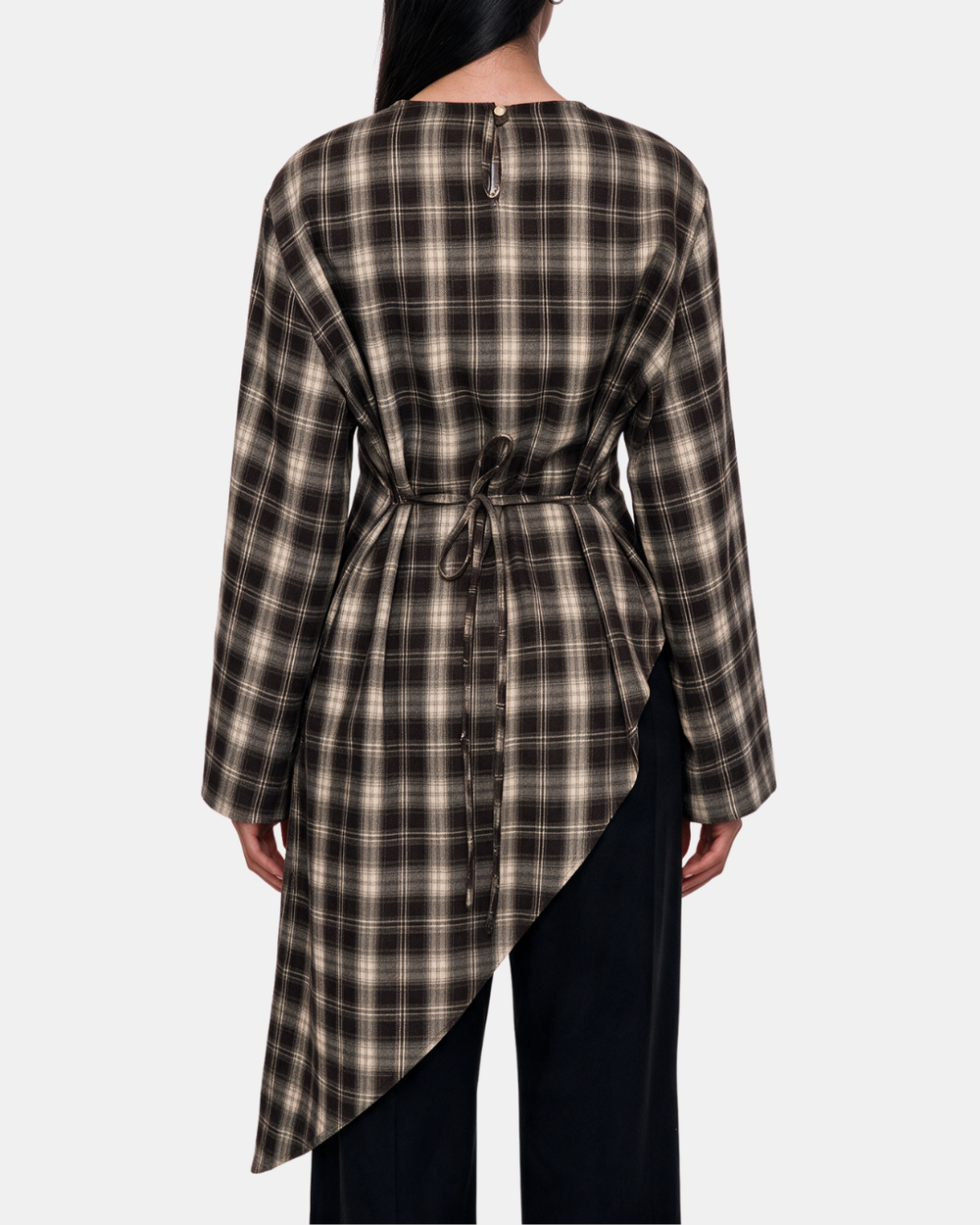 Check Print Asymmetric Longline Belted Top Chocolate