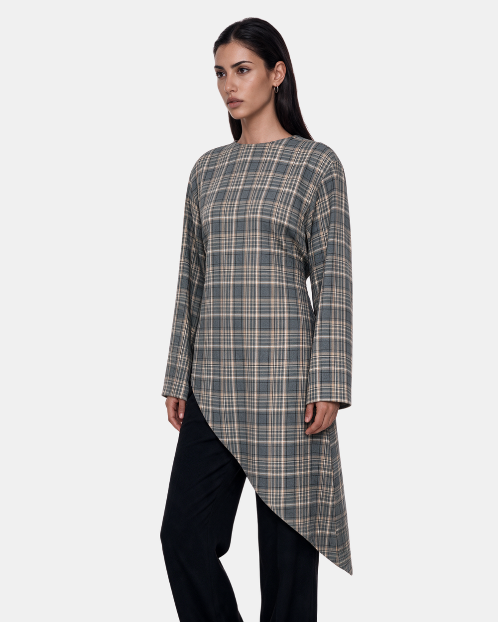 Check Print Asymmetric Longline Belted Top Grey