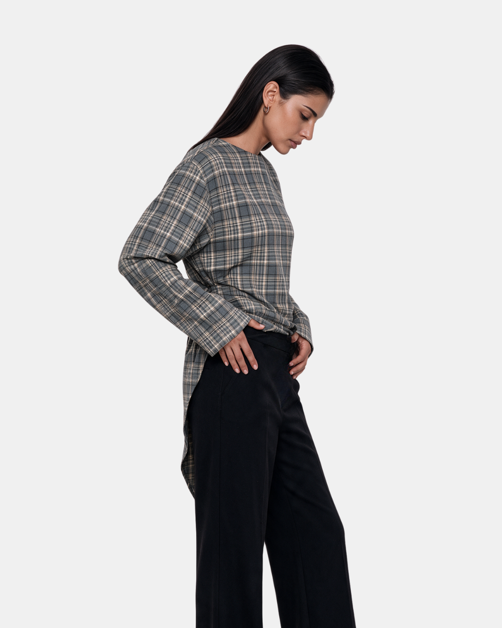 Check Print Asymmetric Longline Belted Top Grey