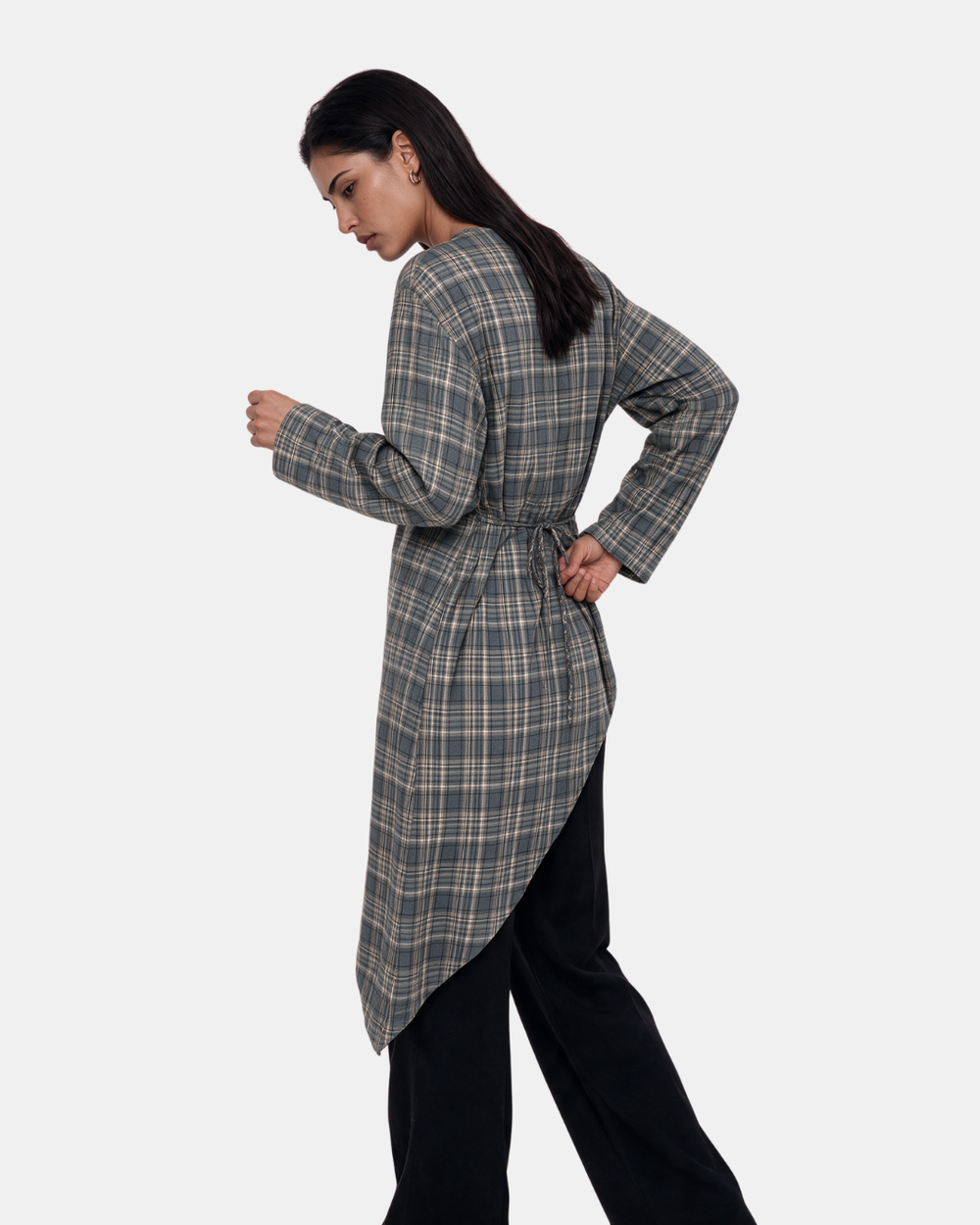 Check Print Asymmetric Longline Belted Top Grey