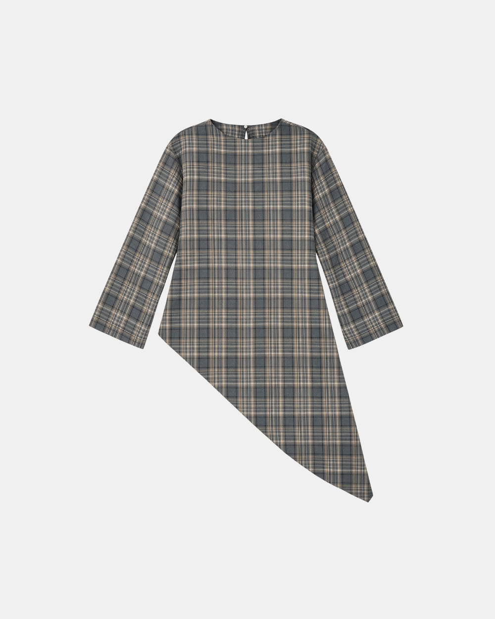 Check Print Asymmetric Longline Belted Top Grey