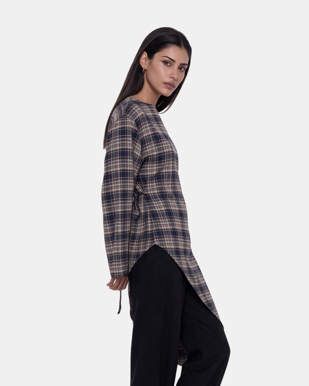 Check Print Asymmetric Longline Belted Top Navy