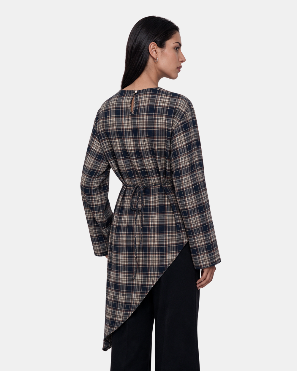 Check Print Asymmetric Longline Belted Top Navy