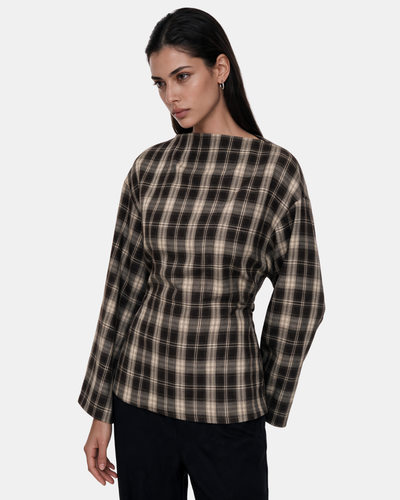 Check Print Belted Blouse