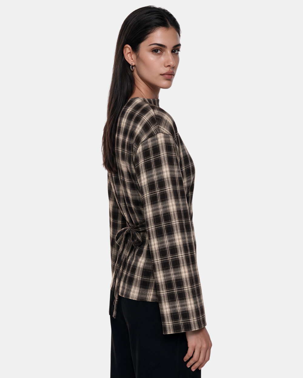 Check Print Belted Blouse Chocolate