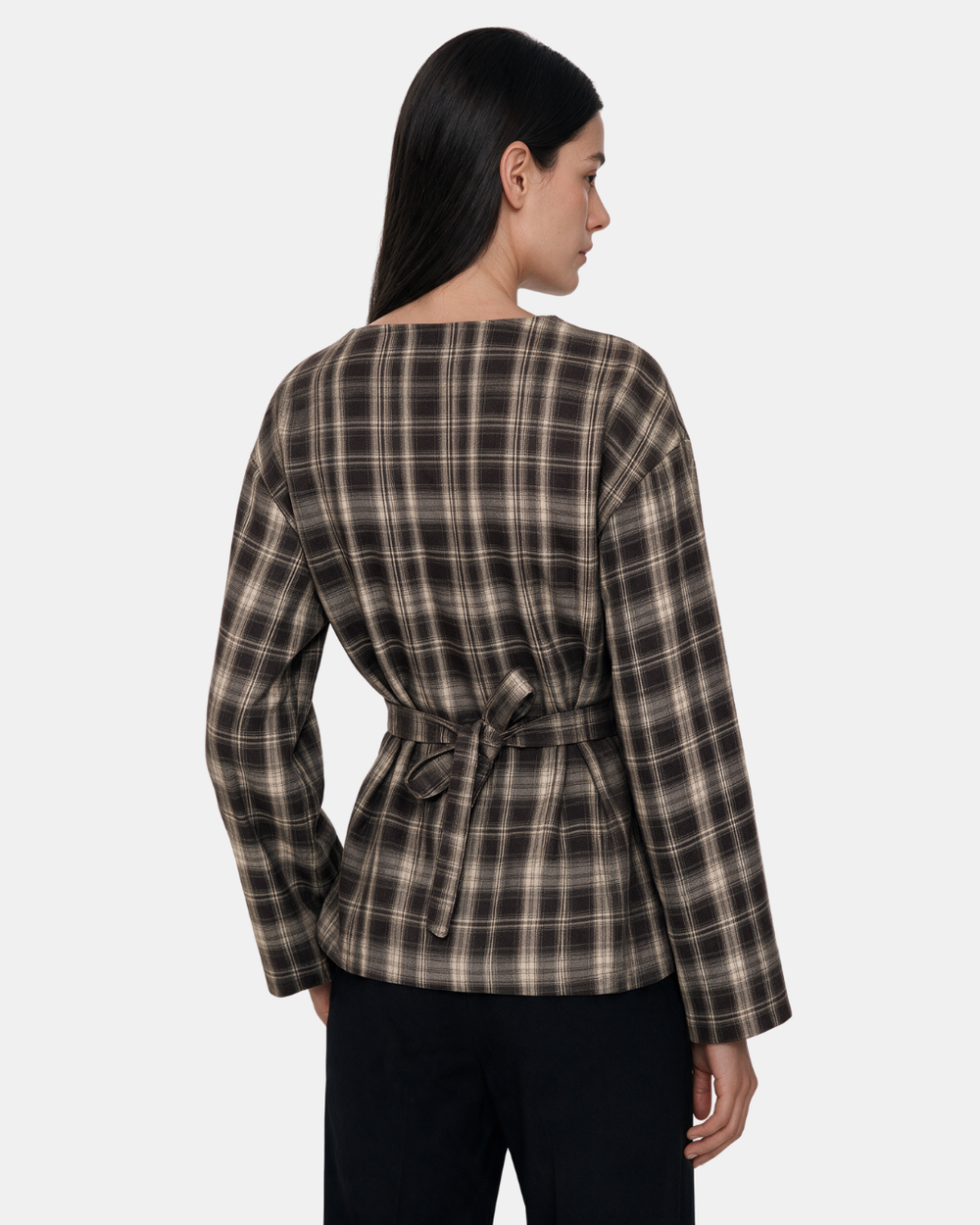 Check Print Belted Blouse Chocolate