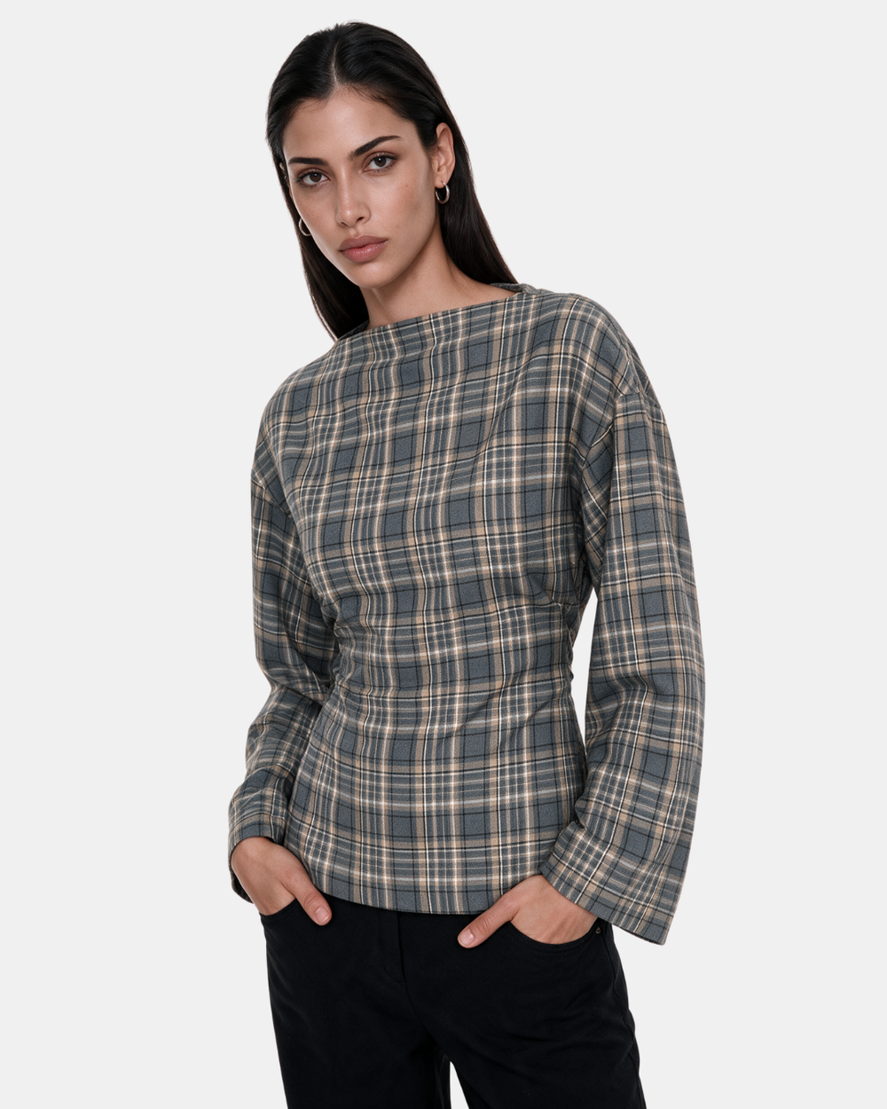 Check Print Belted Blouse Grey