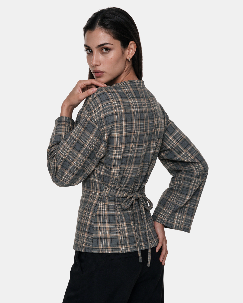 Check Print Belted Blouse Grey
