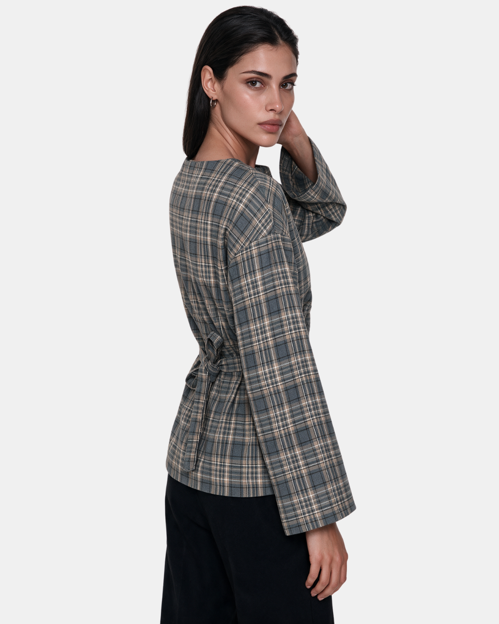 Check Print Belted Blouse Grey