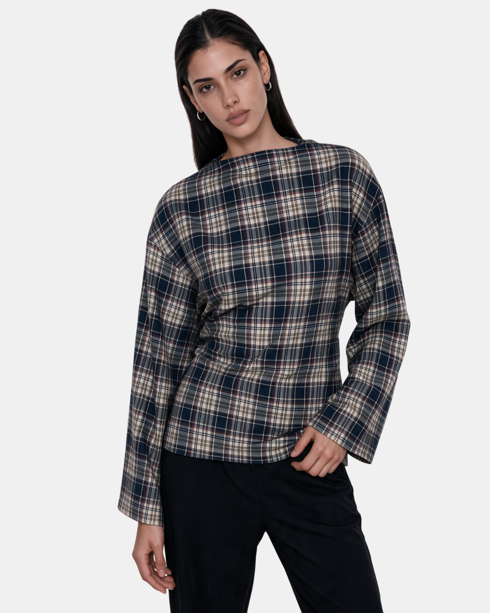 Check Print Belted Blouse Navy