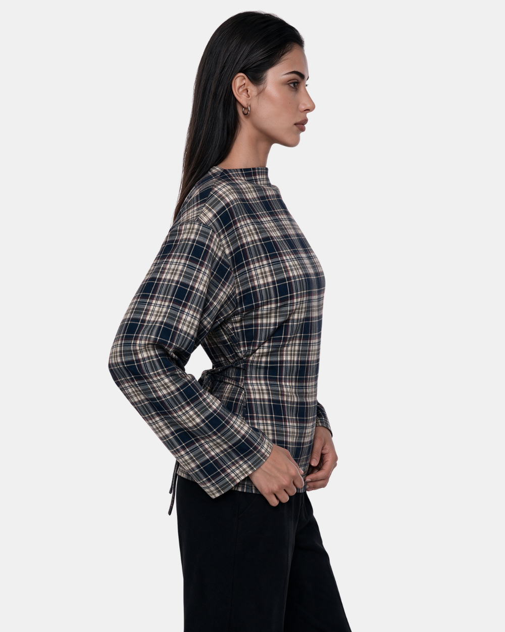 Check Print Belted Blouse Navy