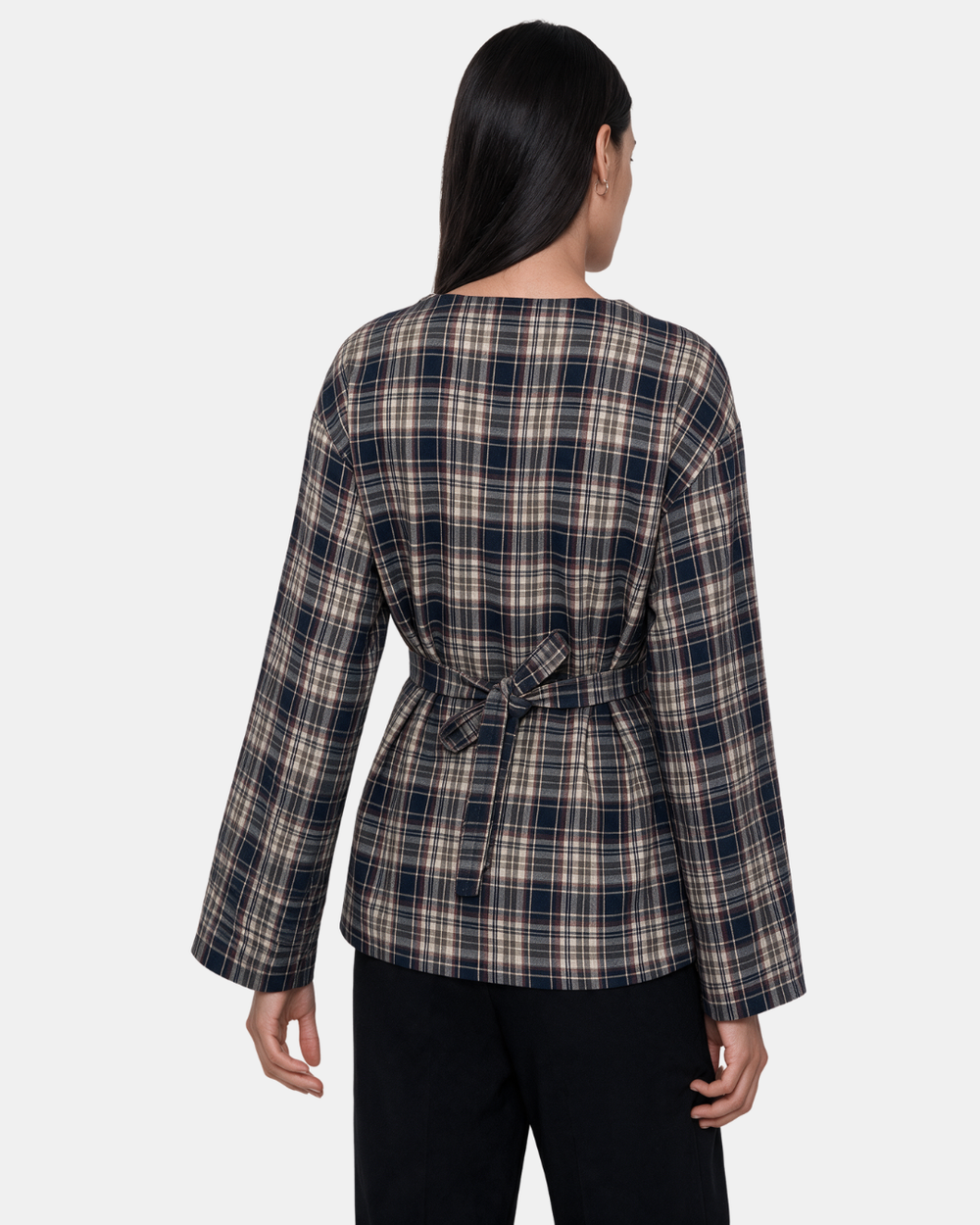 Check Print Belted Blouse Navy