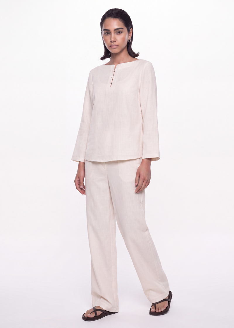 Cotton Linen Button Blouse - Cream
