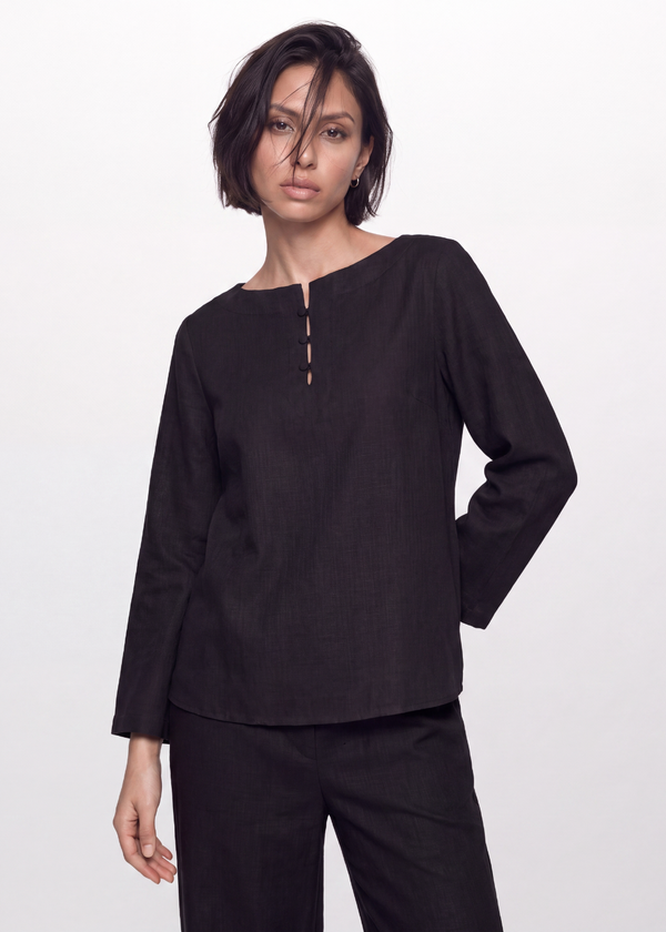 Cotton Linen Button Blouse - Black