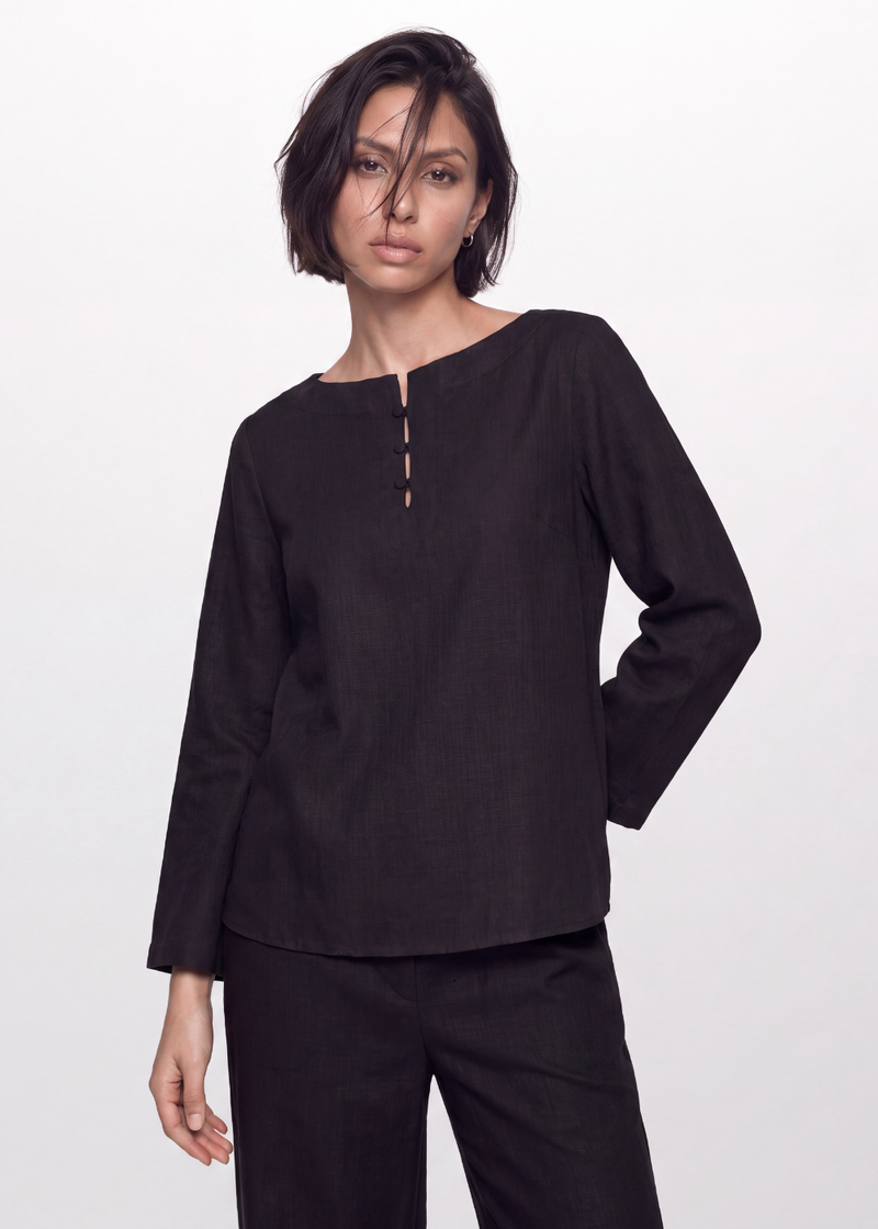Cotton Linen Button Blouse - Black