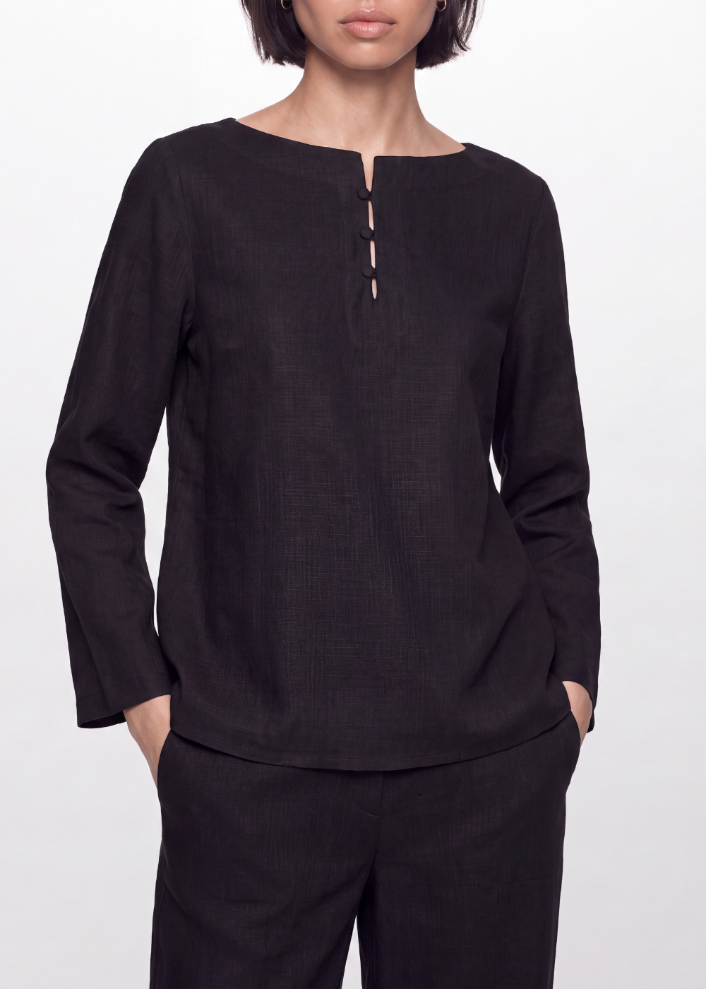 Cotton Linen Button Blouse - Black
