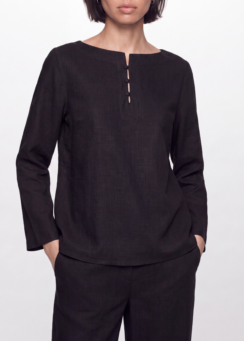 Cotton Linen Button Blouse - Black