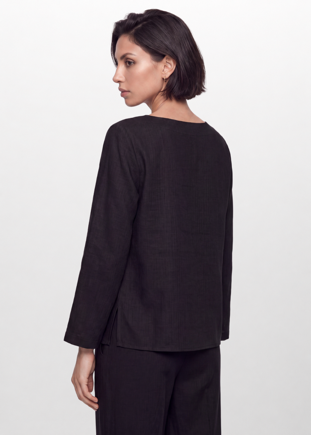 Cotton Linen Button Blouse - Black