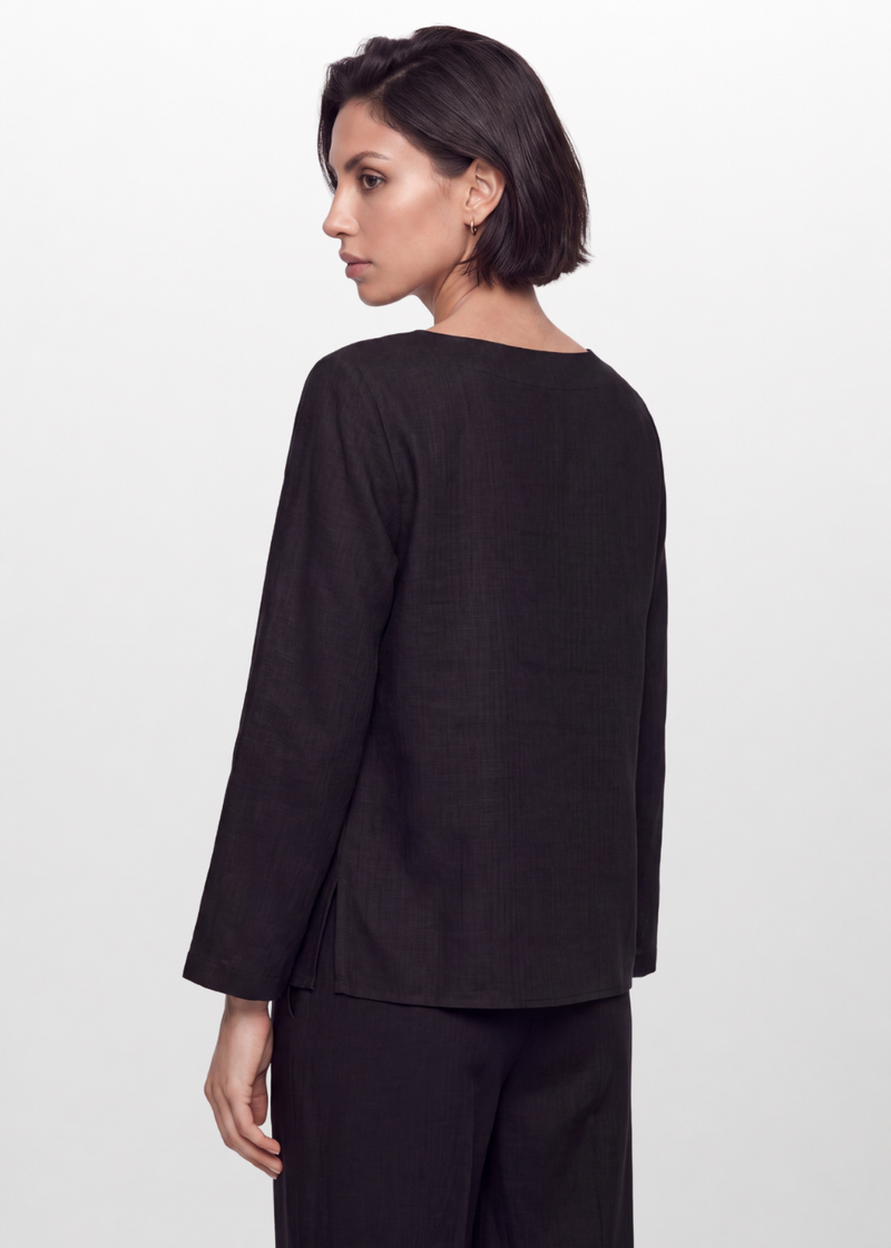 Cotton Linen Button Blouse - Black