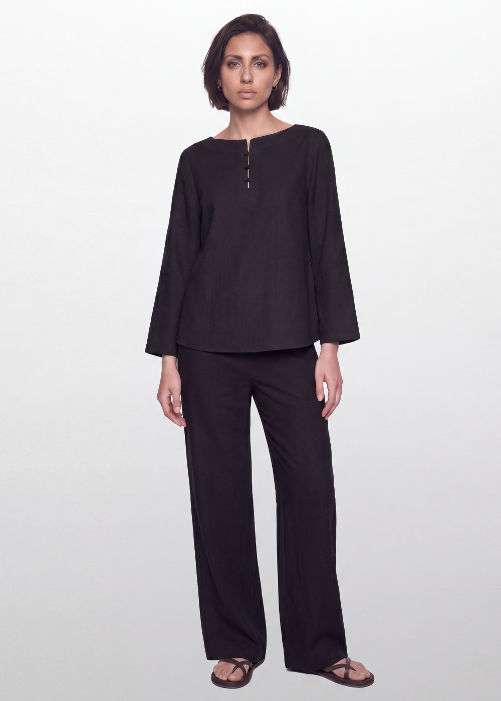 Cotton Linen Button Blouse - Black