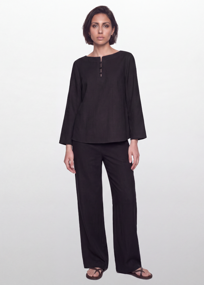 Cotton Linen Button Blouse - Black