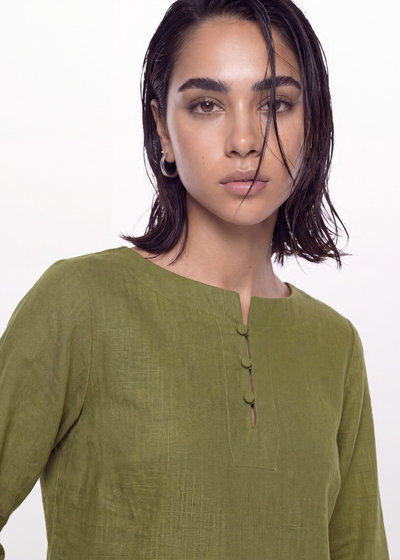 Cotton Linen Button Blouse - Olive