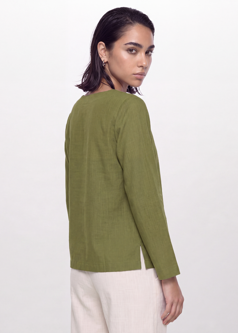 Cotton Linen Button Blouse - Olive