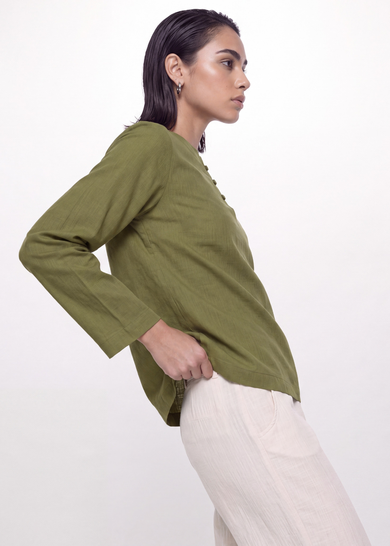 Cotton Linen Button Blouse - Olive
